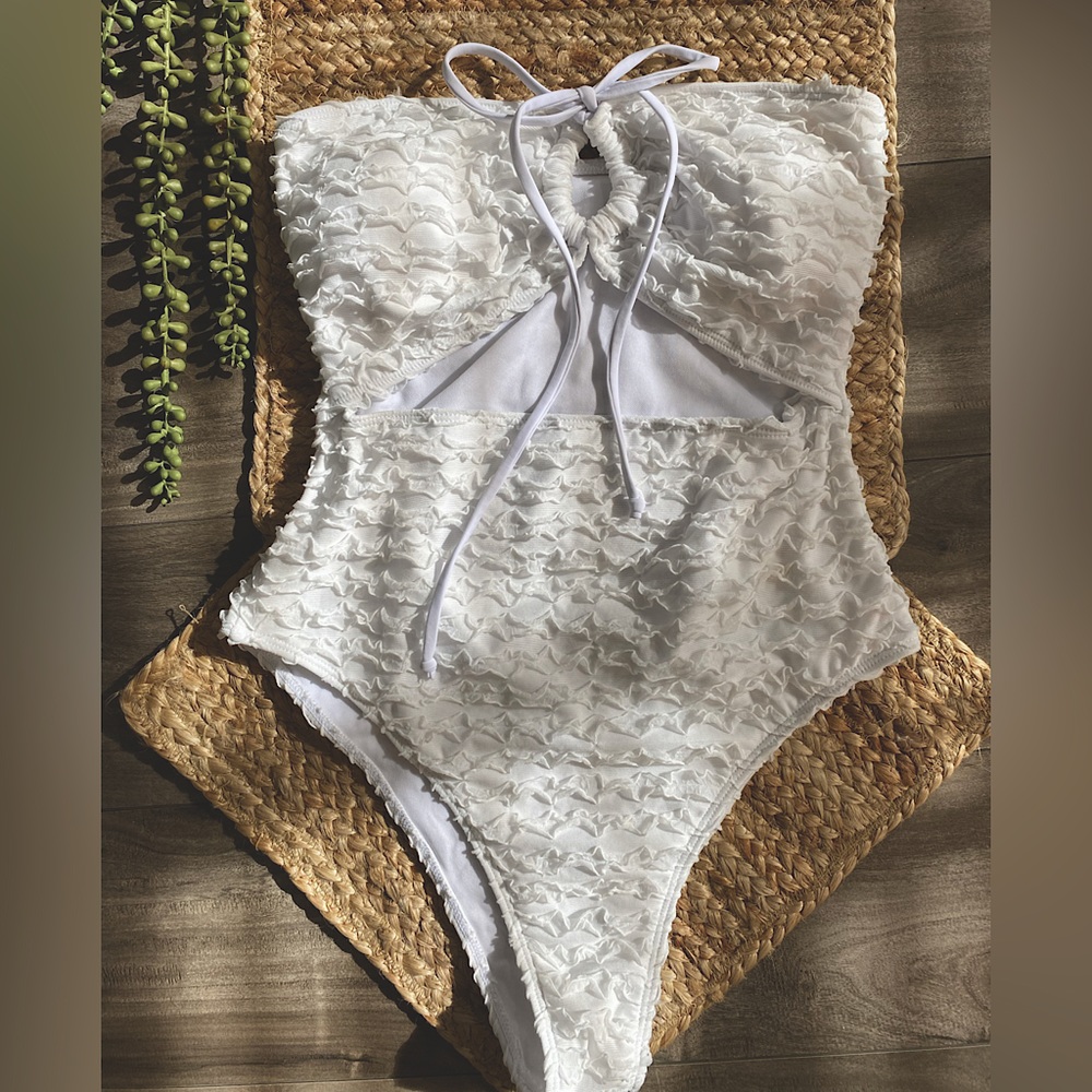 White strapless one piece bathing suit